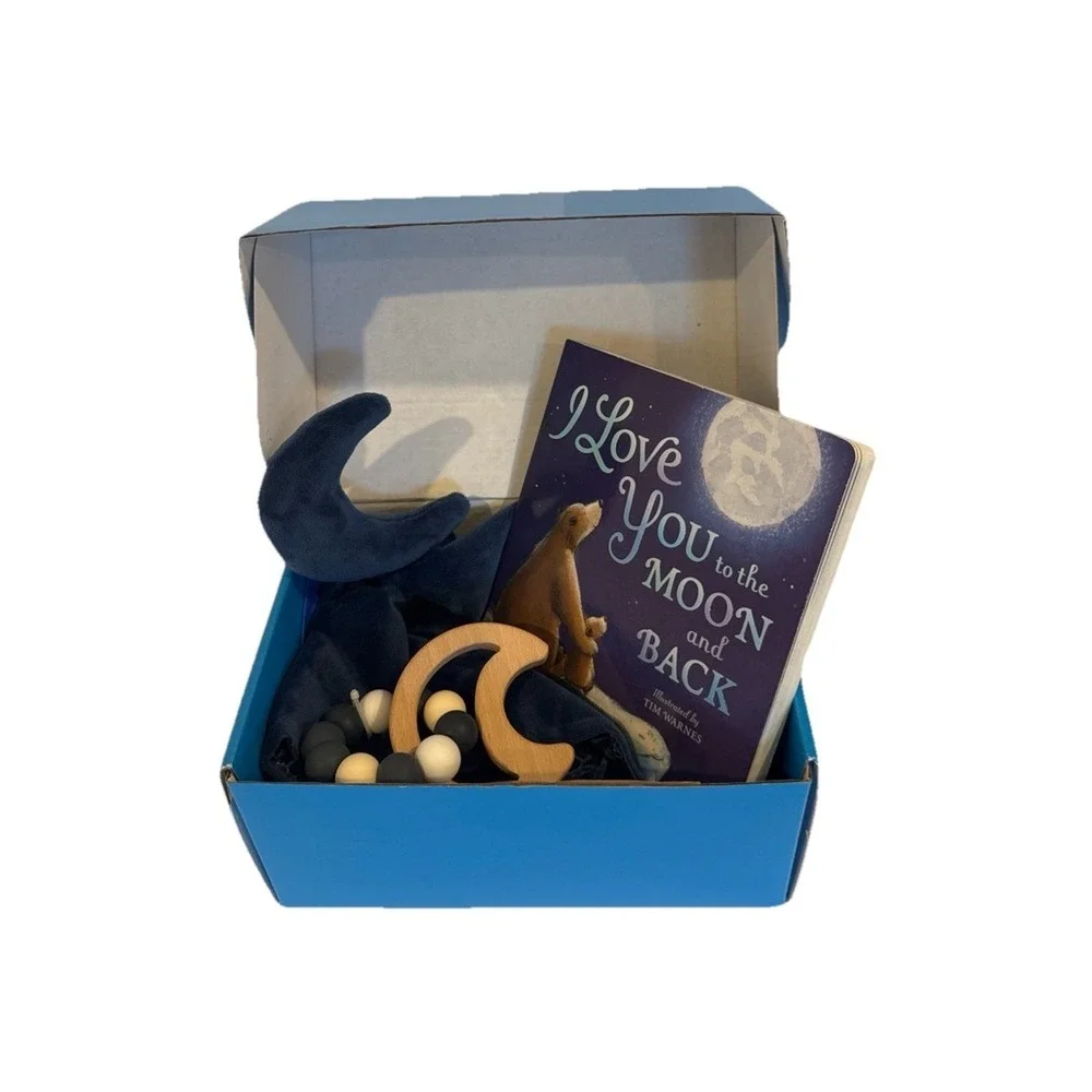 Unisex Baby Shower Box, I Love You to the Moon & Back book, Moon Lovey & Teether